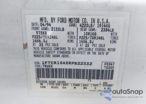 1994 Ford Ranger z USA, uszkodzony, nr VIN 1FTCR10A0RPB22332